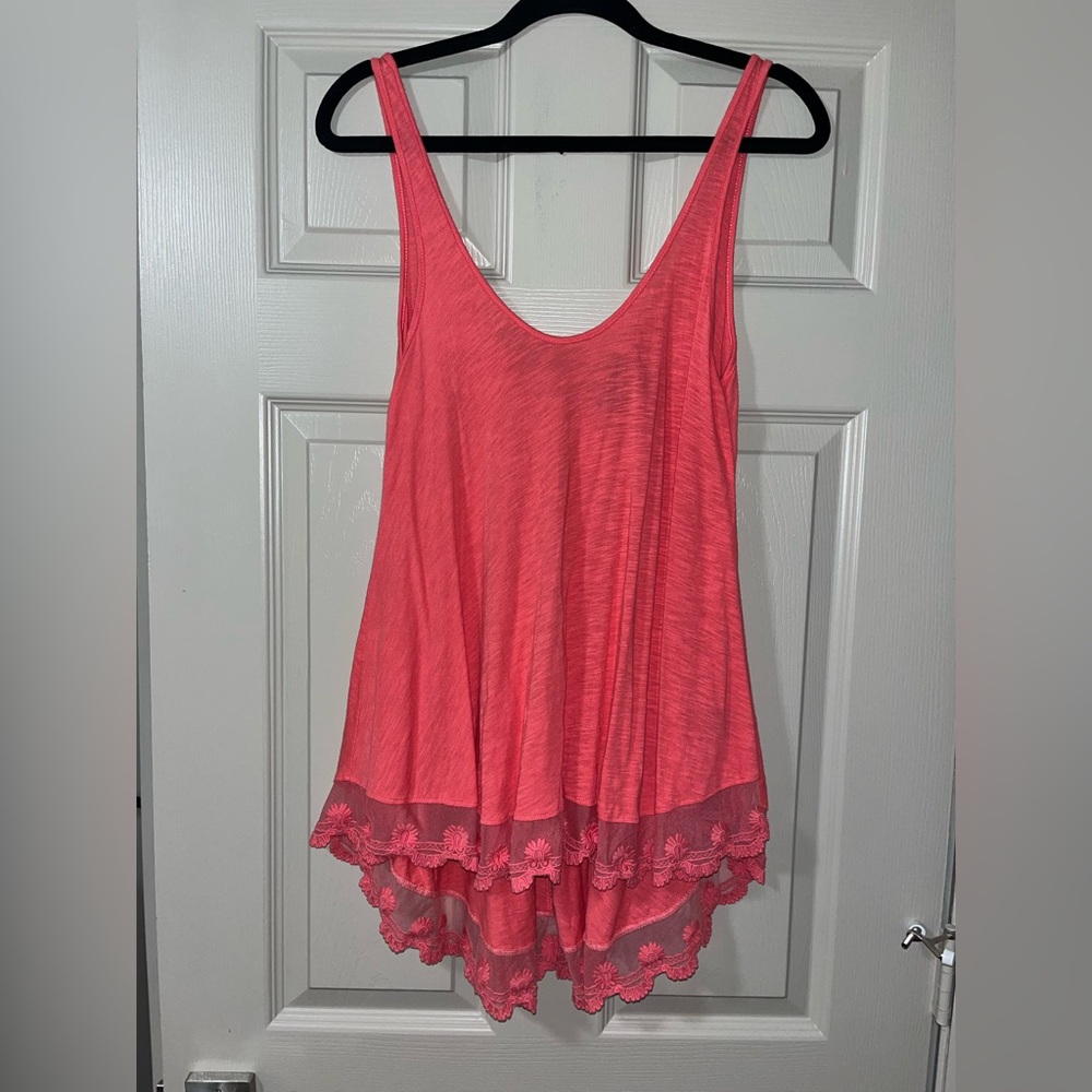 Angie Coral Tank Top with Lace Hem